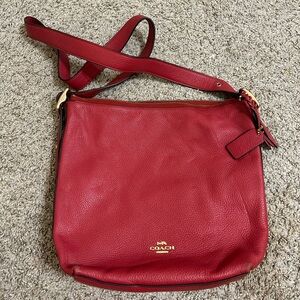 COACH Val Duffle Shoulder Duffle Bag Pebble Red Leather Travel Zip Top Lined